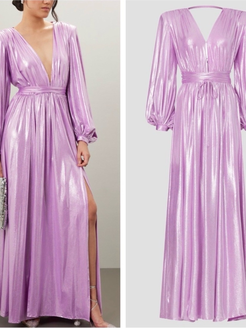 Bronx and Banco Shimmery Lavender V-Neck Long Sleeve Maxi Dress ***defect**
